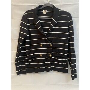 Anne‎ Klein Black White Striped Knit Double Breasted Knit Cardigan Size L